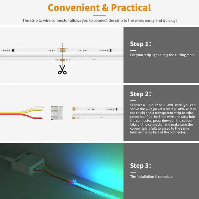 Alt view image 5 of 7 - 12mm 3-Pin Connectors for RGB Smart IC COB LED Strip Lights,Solderless Terminal Connection Kit,Dual-End Extension,Strip to Male Plug,Gapless,Strip to Wire Connectors,24V 12V 5V LED Light Strips