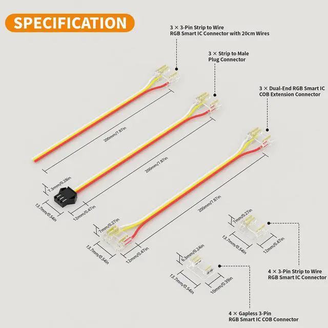 Alt view image 6 of 7 - 12mm 3-Pin Connectors for RGB Smart IC COB LED Strip Lights,Solderless Terminal Connection Kit,Dual-End Extension,Strip to Male Plug,Gapless,Strip to Wire Connectors,24V 12V 5V LED Light Strips