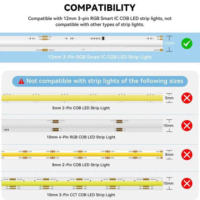 Alt view image 7 of 7 - 12mm 3-Pin Connectors for RGB Smart IC COB LED Strip Lights,Solderless Terminal Connection Kit,Dual-End Extension,Strip to Male Plug,Gapless,Strip to Wire Connectors,24V 12V 5V LED Light Strips