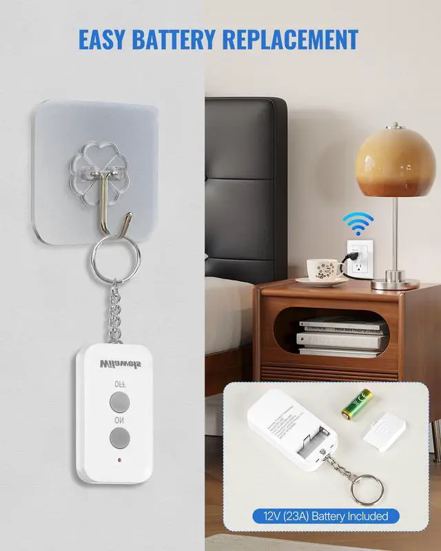 Alt view image 4 of 7 - Remote Control Outlet Plug, WILAWELS Wireless Remote On Off Switch for Outlet, Remote Light Switch for Lamp, Light, Programmable, 100ft RF Range, 15A/1875W, Battery Included, FCC Listed W11RC1106