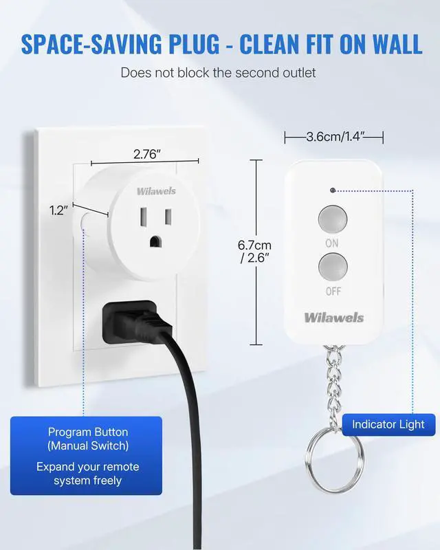 Alt view image 6 of 7 - Remote Control Outlet Plug, WILAWELS Wireless Remote On Off Switch for Outlet, Remote Light Switch for Lamp, Light, Programmable, 100ft RF Range, 15A/1875W, Battery Included, FCC Listed W11RC1106