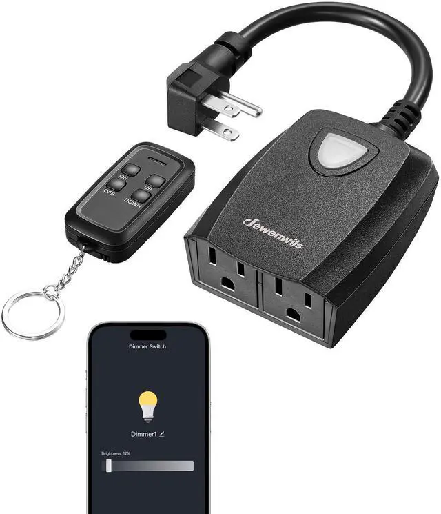 Main image of Outdoor Dimmer for String Lights, Smart Dimmer Plug with Remote, Compatible with Alexa & Google Home, Waterproof, 100FT Range, Remote Dimming for Dimmable LED/Tungsten Bulbs