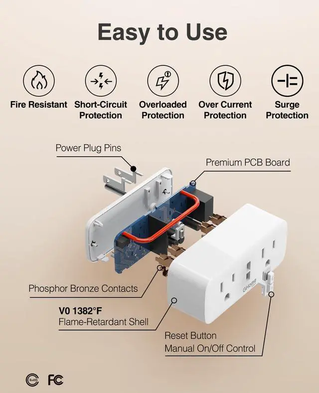 Alt view image 6 of 7 - Dual Smart Plug 15A, Plugs Work with Alexa and Google Home, 2-in-1 Compact Smart Outlet Timer with APP Remote Control, 2.4GHz Wi-Fi Only, No Hub Required, FCC Listed, 2 Pack