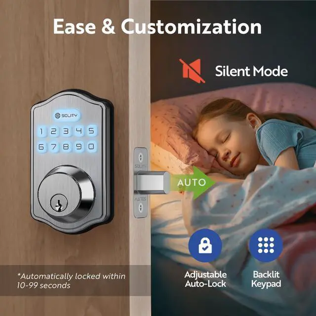 Alt view image 7 of 7 - Smart Digital Electronic Deadbolt Door Lock, Keyless Entry, Auto Lock, 100 Custom Codes, Easy Installation, Keypad for Front & Back Door, Residential & Commercial, AT1 (Satin Nickel)