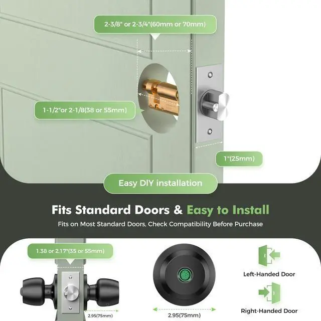 Alt view image 5 of 7 - Fingerprint Door knob, Smart Door knob, Intelligent biometric Fingerprint Door Lock, keyless Entry, controllable via app, Suitable for bedrooms, Storage Rooms, Apartments, Offices, Hotels (Black)