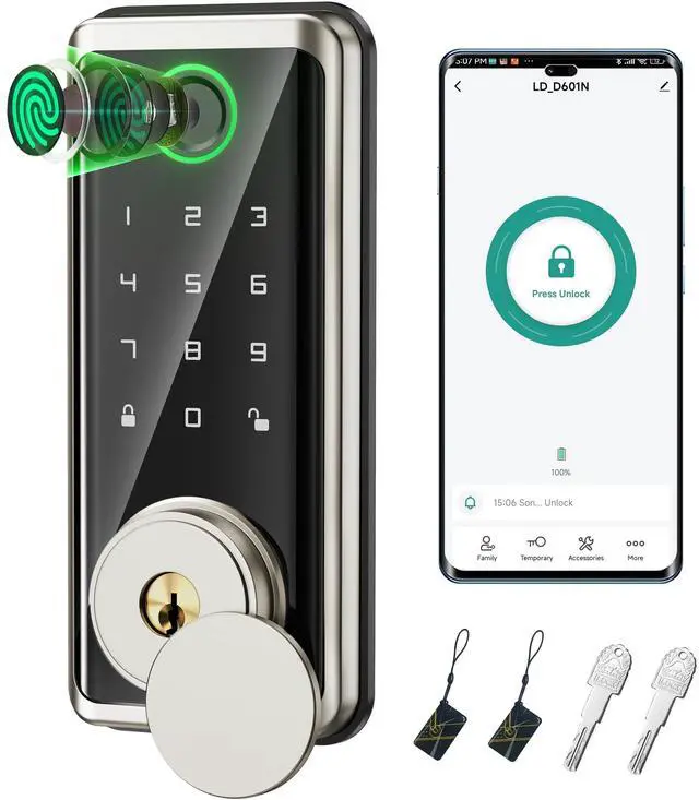 Main image of Keyless Entry Door Lock, Smart Auto Locks for Front Door & Key Fobs & Remote Control, Keypad Deadbolt Digital, Fingerprint Door Lock with Code, Cerraduras Inteligentes, IP68, Satin Nickel