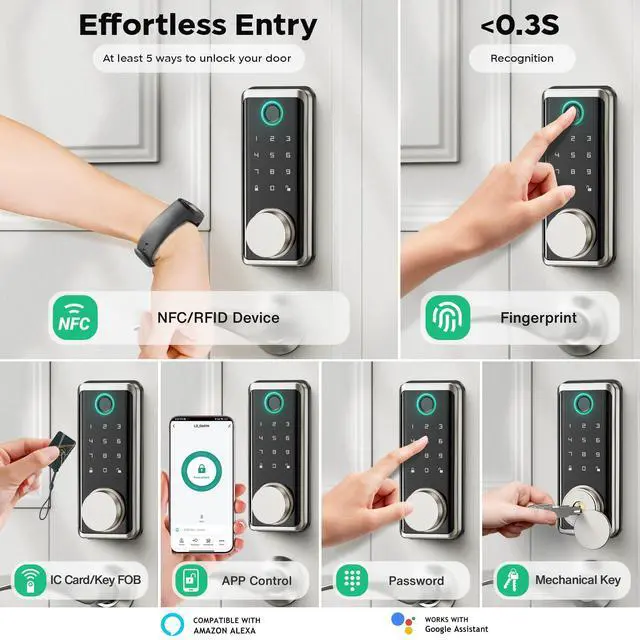 Alt view image 2 of 7 - Keyless Entry Door Lock, Smart Auto Locks for Front Door & Key Fobs & Remote Control, Keypad Deadbolt Digital, Fingerprint Door Lock with Code, Cerraduras Inteligentes, IP68, Satin Nickel