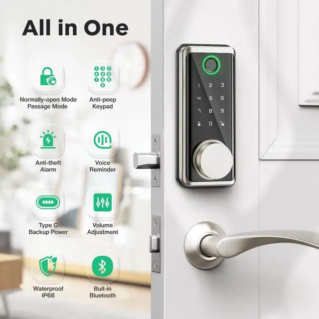 Alt view image 3 of 7 - Keyless Entry Door Lock, Smart Auto Locks for Front Door & Key Fobs & Remote Control, Keypad Deadbolt Digital, Fingerprint Door Lock with Code, Cerraduras Inteligentes, IP68, Satin Nickel