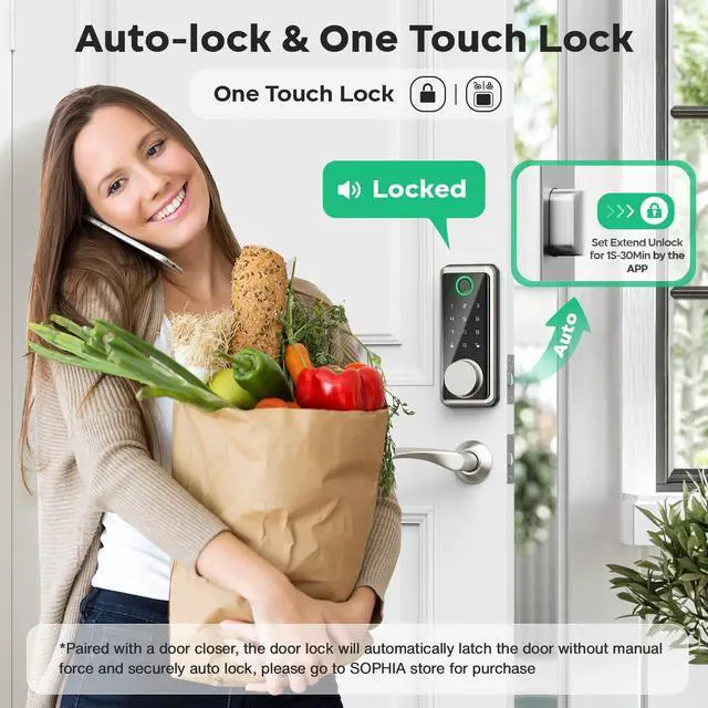 Alt view image 6 of 7 - Keyless Entry Door Lock, Smart Auto Locks for Front Door & Key Fobs & Remote Control, Keypad Deadbolt Digital, Fingerprint Door Lock with Code, Cerraduras Inteligentes, IP68, Satin Nickel