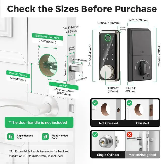 Alt view image 7 of 7 - Keyless Entry Door Lock, Smart Auto Locks for Front Door & Key Fobs & Remote Control, Keypad Deadbolt Digital, Fingerprint Door Lock with Code, Cerraduras Inteligentes, IP68, Satin Nickel
