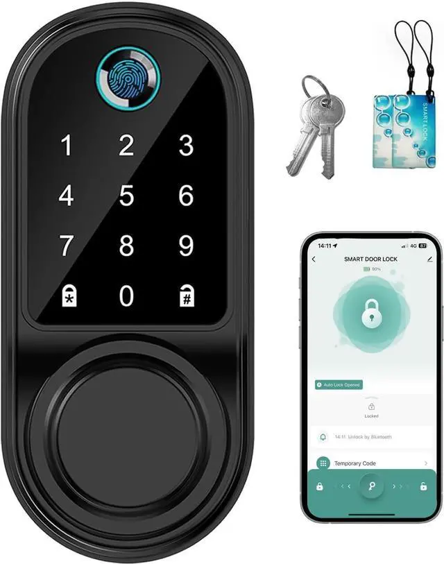 Main image of Fingerprint Door Lock, Keyless Biometric Deadbolt with App Control & Auto Lock, IP66 Waterproof Digital Touchscreen Keypad, Easy Install - Home Security Solution for Front Door (Black)