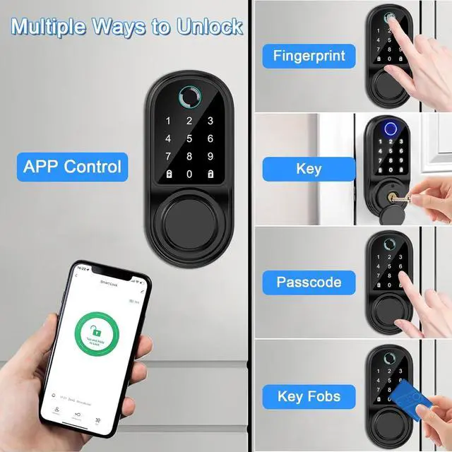 Alt view image 2 of 7 - Fingerprint Door Lock, Keyless Biometric Deadbolt with App Control & Auto Lock, IP66 Waterproof Digital Touchscreen Keypad, Easy Install - Home Security Solution for Front Door (Black)