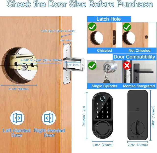 Alt view image 7 of 7 - Fingerprint Door Lock, Keyless Biometric Deadbolt with App Control & Auto Lock, IP66 Waterproof Digital Touchscreen Keypad, Easy Install - Home Security Solution for Front Door (Black)