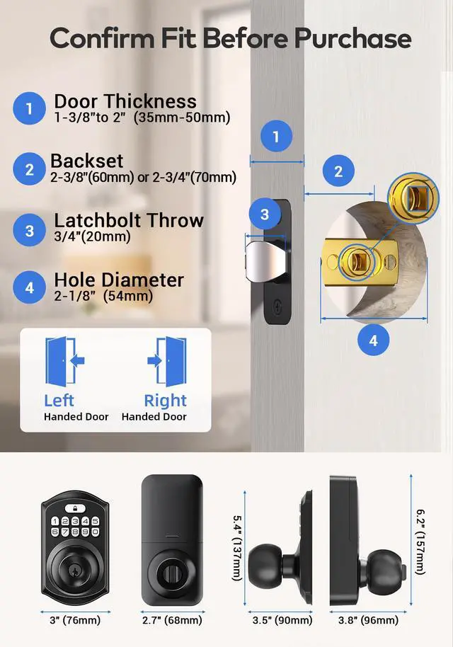 Alt view image 2 of 7 - TE003 Keyless Entry Keypad Door Lock with Handle, Electronic Digital Smart Locks for Front Door, Smart Door Knob with Code for Bedroom, Auto Lock, Passage Mode, Easy to Install, Matte Black