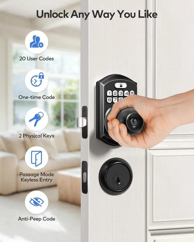 Alt view image 3 of 7 - TE003 Keyless Entry Keypad Door Lock with Handle, Electronic Digital Smart Locks for Front Door, Smart Door Knob with Code for Bedroom, Auto Lock, Passage Mode, Easy to Install, Matte Black