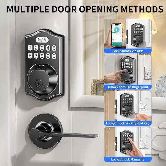 Alt view image 2 of 6 - Keyless Entry Door Lock: 100 Fingerprint Capacity, 5-in-1 Smart Deadbolt with Keypad & App12-Month Battery, Low Alert, Easy Install for Front Door