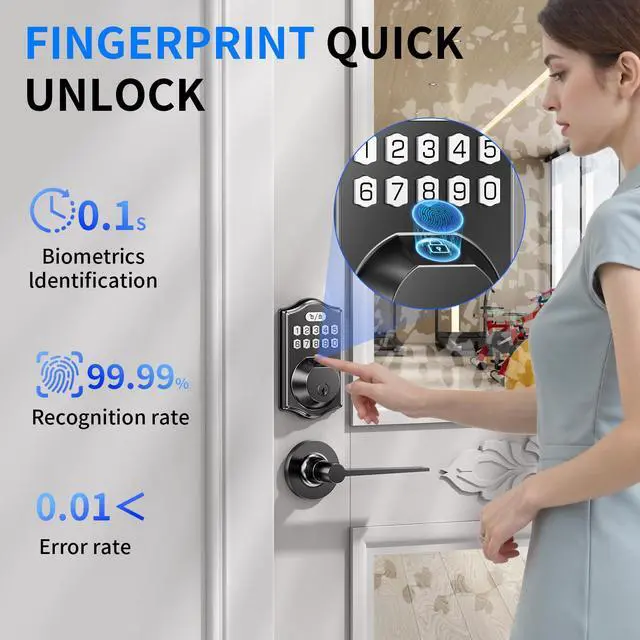 Alt view image 3 of 6 - Keyless Entry Door Lock: 100 Fingerprint Capacity, 5-in-1 Smart Deadbolt with Keypad & App12-Month Battery, Low Alert, Easy Install for Front Door