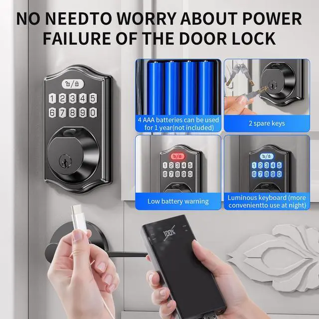 Alt view image 4 of 6 - Keyless Entry Door Lock: 100 Fingerprint Capacity, 5-in-1 Smart Deadbolt with Keypad & App12-Month Battery, Low Alert, Easy Install for Front Door