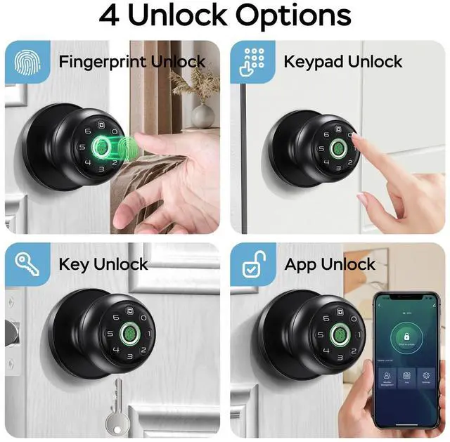 Alt view image 2 of 7 - Fingerprint Door Lock for Bedrooms, Fingerprint Door Knob with Lock, Smart Door Lock, App Control, Back-up Keys, Thumbprint Door Knob for Bedrooms, Office, Apartment