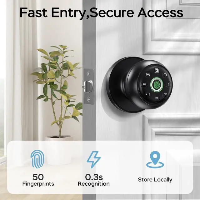 Alt view image 3 of 7 - Fingerprint Door Lock for Bedrooms, Fingerprint Door Knob with Lock, Smart Door Lock, App Control, Back-up Keys, Thumbprint Door Knob for Bedrooms, Office, Apartment