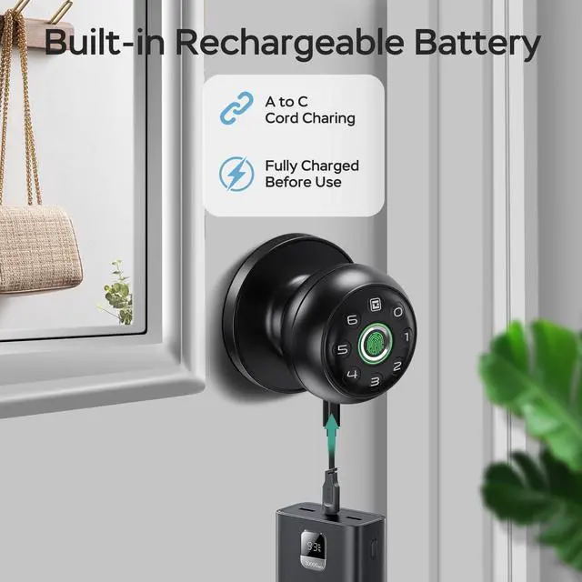 Alt view image 7 of 7 - Fingerprint Door Lock for Bedrooms, Fingerprint Door Knob with Lock, Smart Door Lock, App Control, Back-up Keys, Thumbprint Door Knob for Bedrooms, Office, Apartment