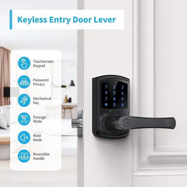 Alt view image 2 of 7 - Keyless Entry Door Lock with Handle, Digital Keypad Door Knob, Smart Electronic Lock with Code, Touchscreen, Auto-Locking, Matte Black