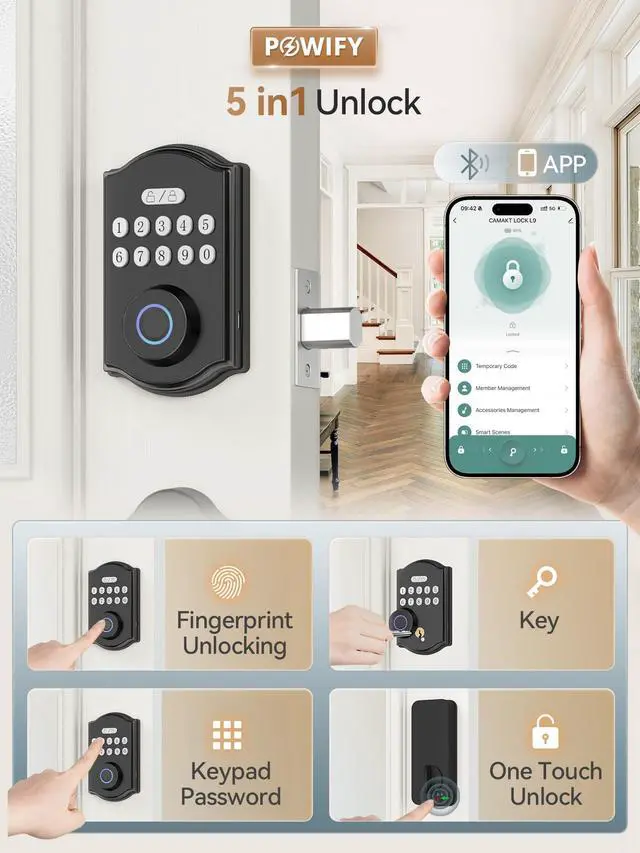 Alt view image 2 of 7 - Fingerprint Smart Front Door Lock Set, APP Control Keyless Entry Door Lock with Handle, Anti-Peeping Digital Electronic Keypad, Auto Lock, Easy Install, Black