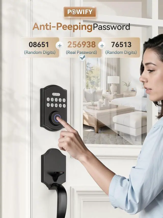 Alt view image 4 of 7 - Fingerprint Smart Front Door Lock Set, APP Control Keyless Entry Door Lock with Handle, Anti-Peeping Digital Electronic Keypad, Auto Lock, Easy Install, Black