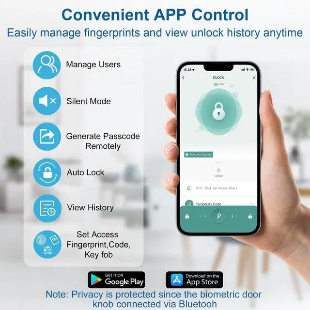 Alt view image 2 of 7 - Fingerprint Door Lock Smart Fingerprint Door Knob with Keyless Entry Biometric Door Lock with Keypad App Control Easy Installation for Home Bedroom Office(Gold)
