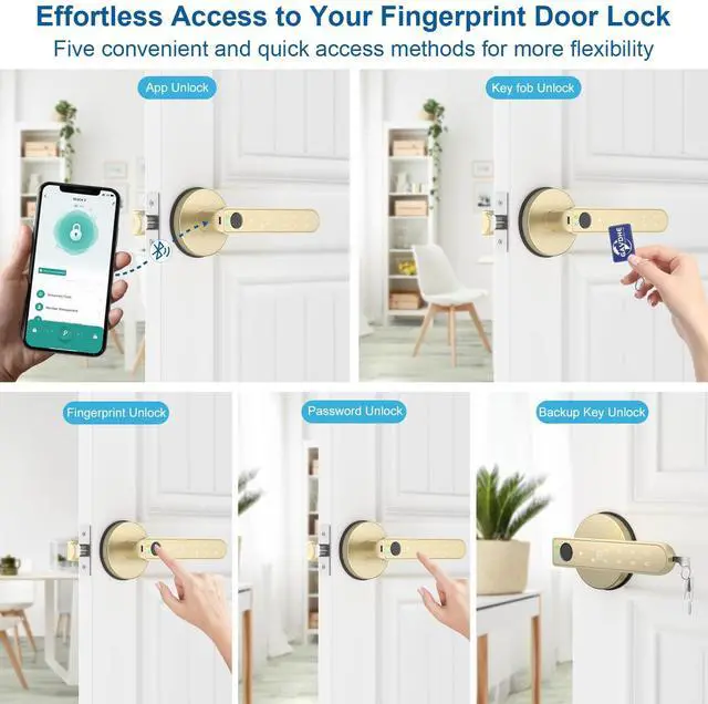 Alt view image 3 of 7 - Fingerprint Door Lock Smart Fingerprint Door Knob with Keyless Entry Biometric Door Lock with Keypad App Control Easy Installation for Home Bedroom Office(Gold)