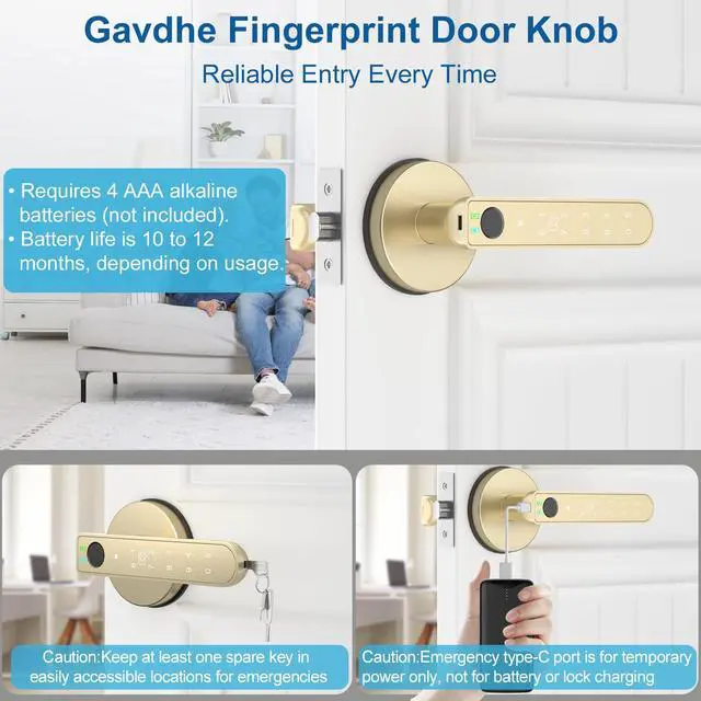 Alt view image 4 of 7 - Fingerprint Door Lock Smart Fingerprint Door Knob with Keyless Entry Biometric Door Lock with Keypad App Control Easy Installation for Home Bedroom Office(Gold)