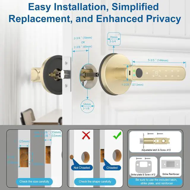 Alt view image 6 of 7 - Fingerprint Door Lock Smart Fingerprint Door Knob with Keyless Entry Biometric Door Lock with Keypad App Control Easy Installation for Home Bedroom Office(Gold)