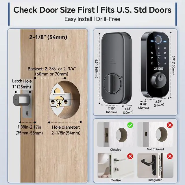 Alt view image 7 of 7 - Fingerprint Smart Lock, 6-in1 Keyless Entry Door Lock for Front Door, Smart Locks with App Control, Biometric Electronic Touchscreen Keypad Deadbolt, One-Touch Lock Auto Lock, Black