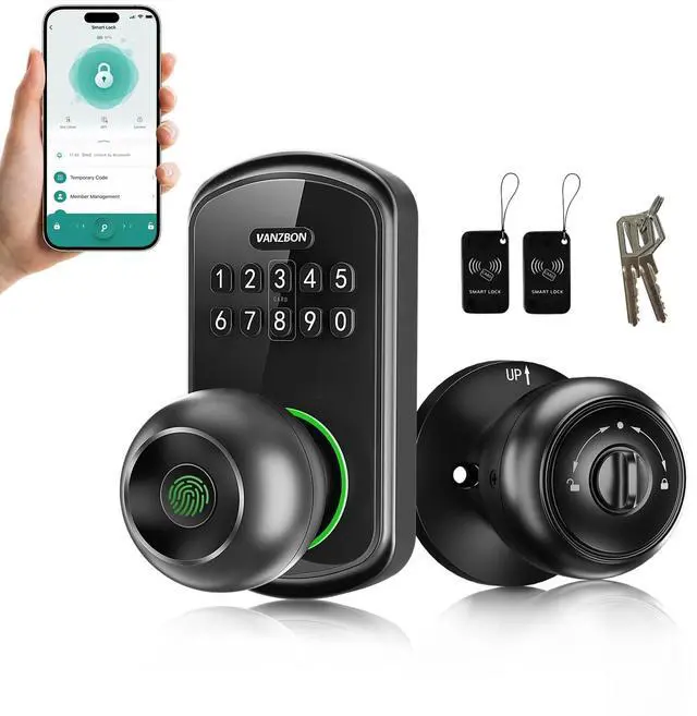 Main image of Smart Door Knob Lock with Keypad,Keypad Door Knob with Handle for Bedroom,Fingerprint Door Locks with Code/App/Keycard/NO Drill/Digital Finger Print Lock for Indoor& Front Doors