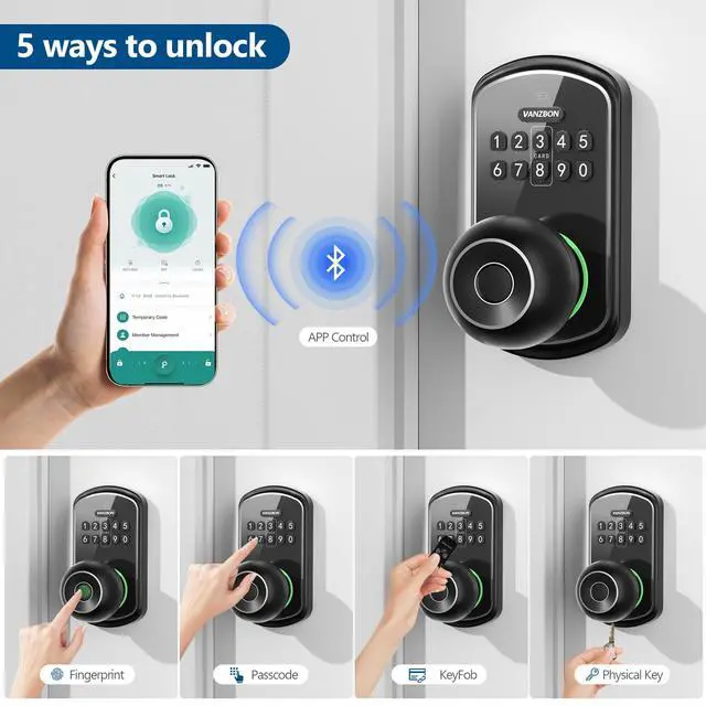 Alt view image 2 of 7 - Smart Door Knob Lock with Keypad,Keypad Door Knob with Handle for Bedroom,Fingerprint Door Locks with Code/App/Keycard/NO Drill/Digital Finger Print Lock for Indoor& Front Doors