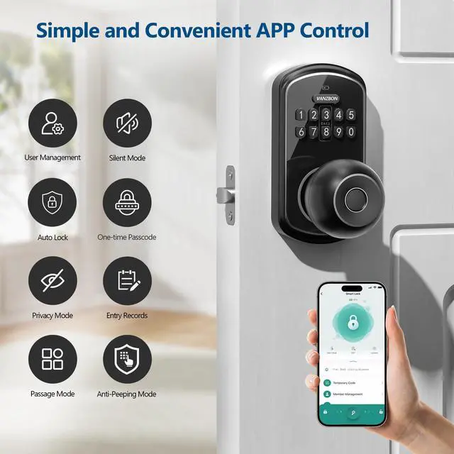 Alt view image 5 of 7 - Smart Door Knob Lock with Keypad,Keypad Door Knob with Handle for Bedroom,Fingerprint Door Locks with Code/App/Keycard/NO Drill/Digital Finger Print Lock for Indoor& Front Doors
