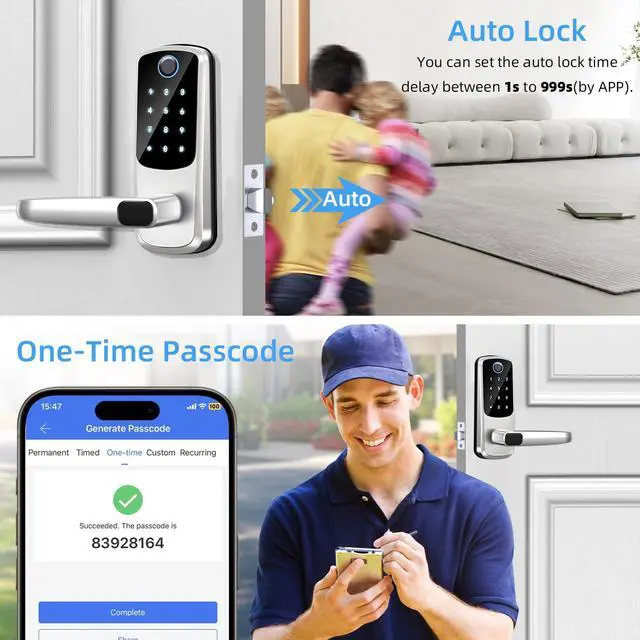 Alt view image 4 of 6 - Smart Door Lock with Handle,Keyless Entry & Remote Access,Fingerprint Keypad Exterior Lock,Smart Locks for Front Door,Home,Airbnb & Rental,Electronic Deadbolt Lock,One-Time Password with TT Lock