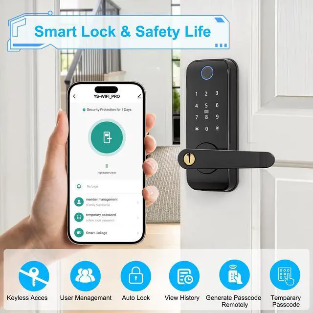 Alt view image 2 of 7 - Keyless Entry Fingerprint Smart Door Lock with Handle,Digital Electronic Lock with Touchscreen Keypad,Electric Door Knob for Exterior Interior Entry/Bedroom Front Doors,Built-in WiFi