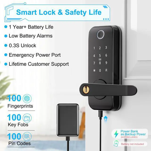 Alt view image 5 of 7 - Keyless Entry Fingerprint Smart Door Lock with Handle,Digital Electronic Lock with Touchscreen Keypad,Electric Door Knob for Exterior Interior Entry/Bedroom Front Doors,Built-in WiFi
