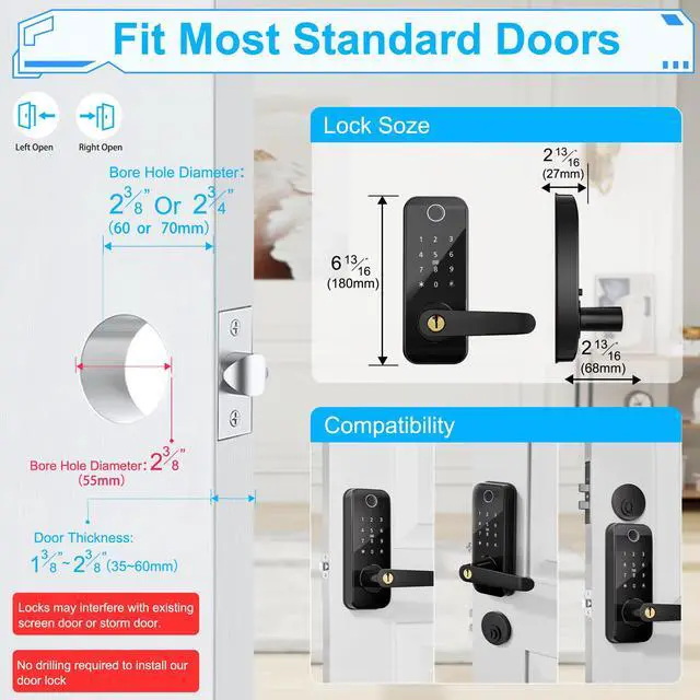 Alt view image 6 of 7 - Keyless Entry Fingerprint Smart Door Lock with Handle,Digital Electronic Lock with Touchscreen Keypad,Electric Door Knob for Exterior Interior Entry/Bedroom Front Doors,Built-in WiFi