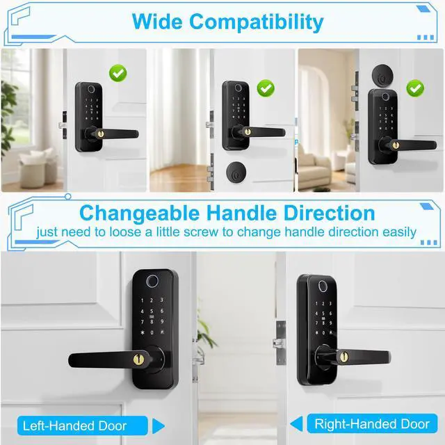 Alt view image 7 of 7 - Keyless Entry Fingerprint Smart Door Lock with Handle,Digital Electronic Lock with Touchscreen Keypad,Electric Door Knob for Exterior Interior Entry/Bedroom Front Doors,Built-in WiFi