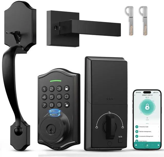 Main image of Keyless Entry Door Lock with Handle,Fingerprint Smart Front Door Lock Set,APP Control, Electronic Keypad Deadbolt with Lever Handle, Anti-Peeping, Auto Lock, Easy Install, Black