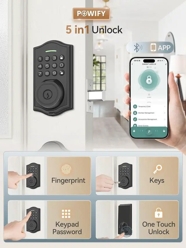 Alt view image 2 of 7 - Keyless Entry Door Lock with Handle,Fingerprint Smart Front Door Lock Set,APP Control, Electronic Keypad Deadbolt with Lever Handle, Anti-Peeping, Auto Lock, Easy Install, Black