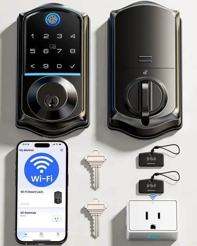 Main image of VE017G Wi-Fi Keyless Entry Door Lock, App Remote & Voice Control, Fingerprint Smart Locks for Front Door, Touchscreen Electronic Keypad Deadbolt, Auto Lock, Emergency Power Port, Matte Black