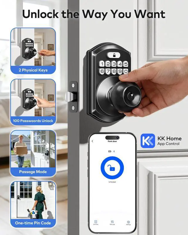 Alt view image 2 of 7 - TE018 Smart Door Knob with Keypad, App Control, Keyless Entry Digtal Door Lock with Handle, Remote Share One-Time Code, Auto Lock, Easy Installation for Front Door, Bedroom, Rental, Matte Black