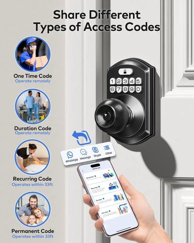 Alt view image 3 of 7 - TE018 Smart Door Knob with Keypad, App Control, Keyless Entry Digtal Door Lock with Handle, Remote Share One-Time Code, Auto Lock, Easy Installation for Front Door, Bedroom, Rental, Matte Black