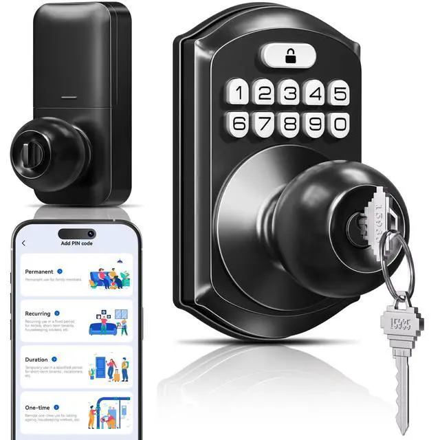 Main image of TE018 Smart Door Knob with Keypad, App Control, Keyless Entry Digtal Door Lock with Handle, Remote Share One-Time Code, Auto Lock, Easy Installation for Front Door, Bedroom, Rental, Matte Black
