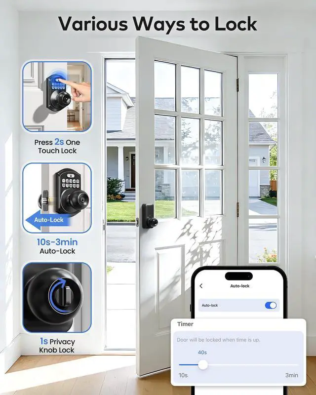 Alt view image 5 of 7 - TE018 Smart Door Knob with Keypad, App Control, Keyless Entry Digtal Door Lock with Handle, Remote Share One-Time Code, Auto Lock, Easy Installation for Front Door, Bedroom, Rental, Matte Black