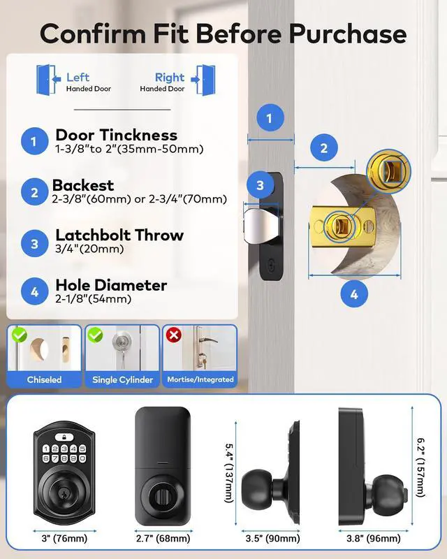 Alt view image 6 of 7 - TE018 Smart Door Knob with Keypad, App Control, Keyless Entry Digtal Door Lock with Handle, Remote Share One-Time Code, Auto Lock, Easy Installation for Front Door, Bedroom, Rental, Matte Black