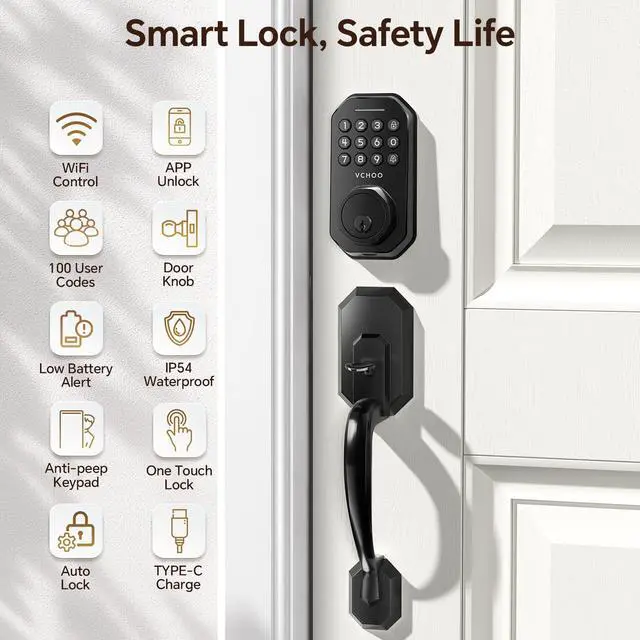 Alt view image 2 of 7 - WiFi Smart Door Lock for Front Door, Keyless Entry Door Lock with App Control, Front Door Lock Set, Keypad Deadbolt with Handle Set, 5 Keys, Auto-Lock One-Touch Lock, One-time Codes, Black